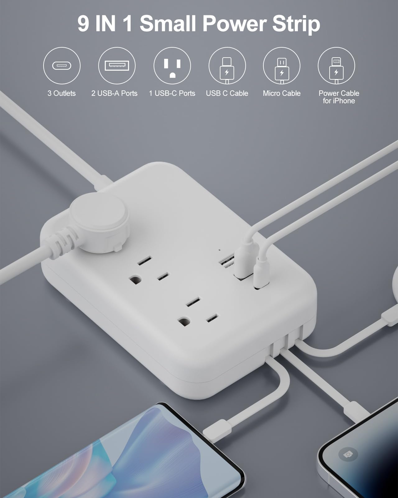 9-in-1 Travel Power Strip with 3 Built-in USB Cables (USB-C/Micro/iOS) | 3AC Outlets + 3 USB Ports | 5FT Flat Plug, Cruise-Approved & FCC Certified