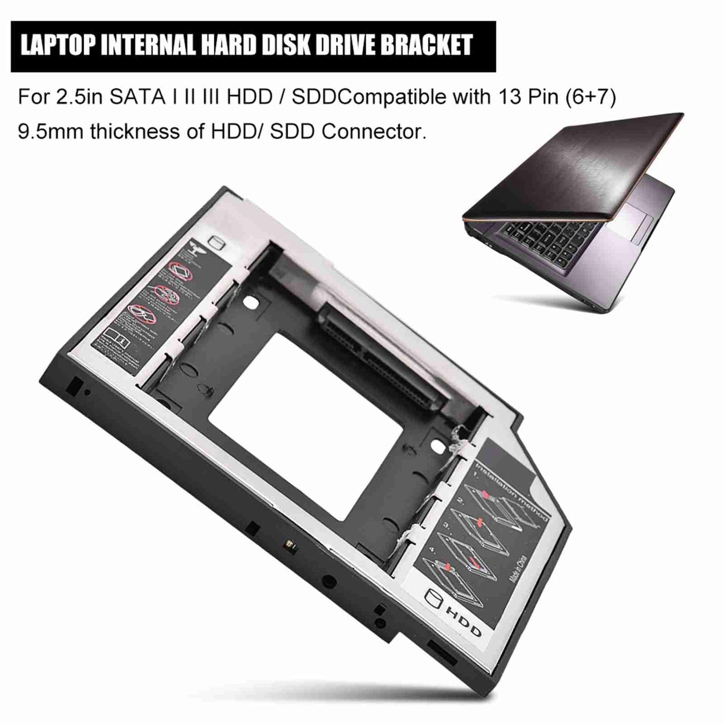 2.5" SSD HDD Hard Drive Enclosure, HDD Internal Hard Disk Drive CD/DVD-ROM Bracket for Most Laptops with 9.5mm Connector