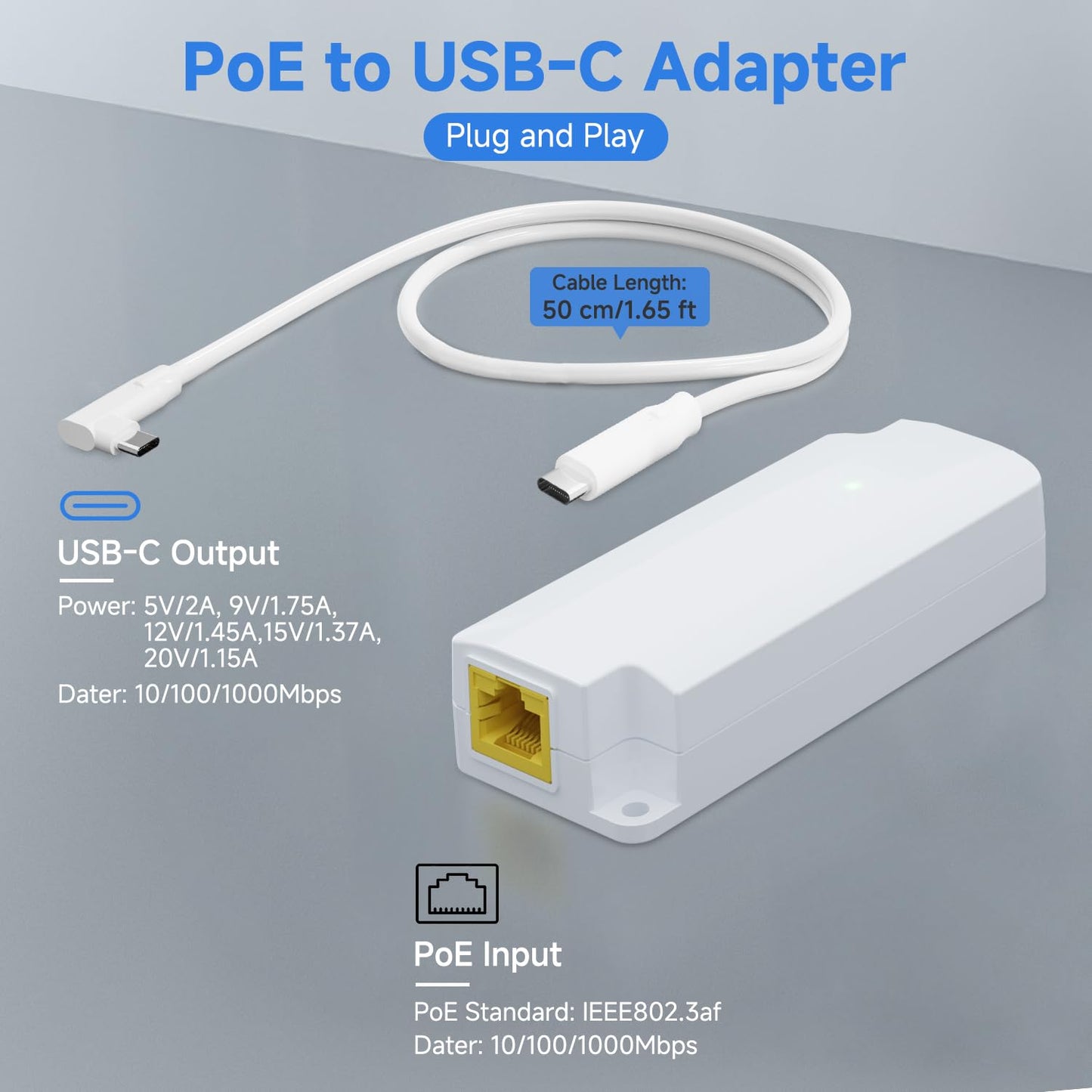 Gigabit PoE to USB C Converter for Smart Phone/Tablet USB-C to Ethernet