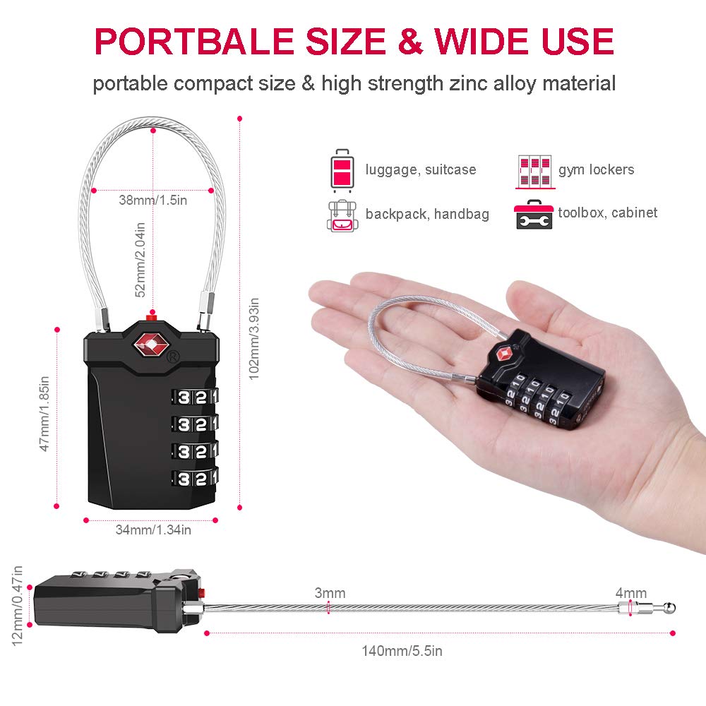ZHEGE TSA Approved Luggage Lock – Black Combination Padlock with 5.5" Flexible Cable, 10,000 Code Options for Suitcases, Backpacks & Bags