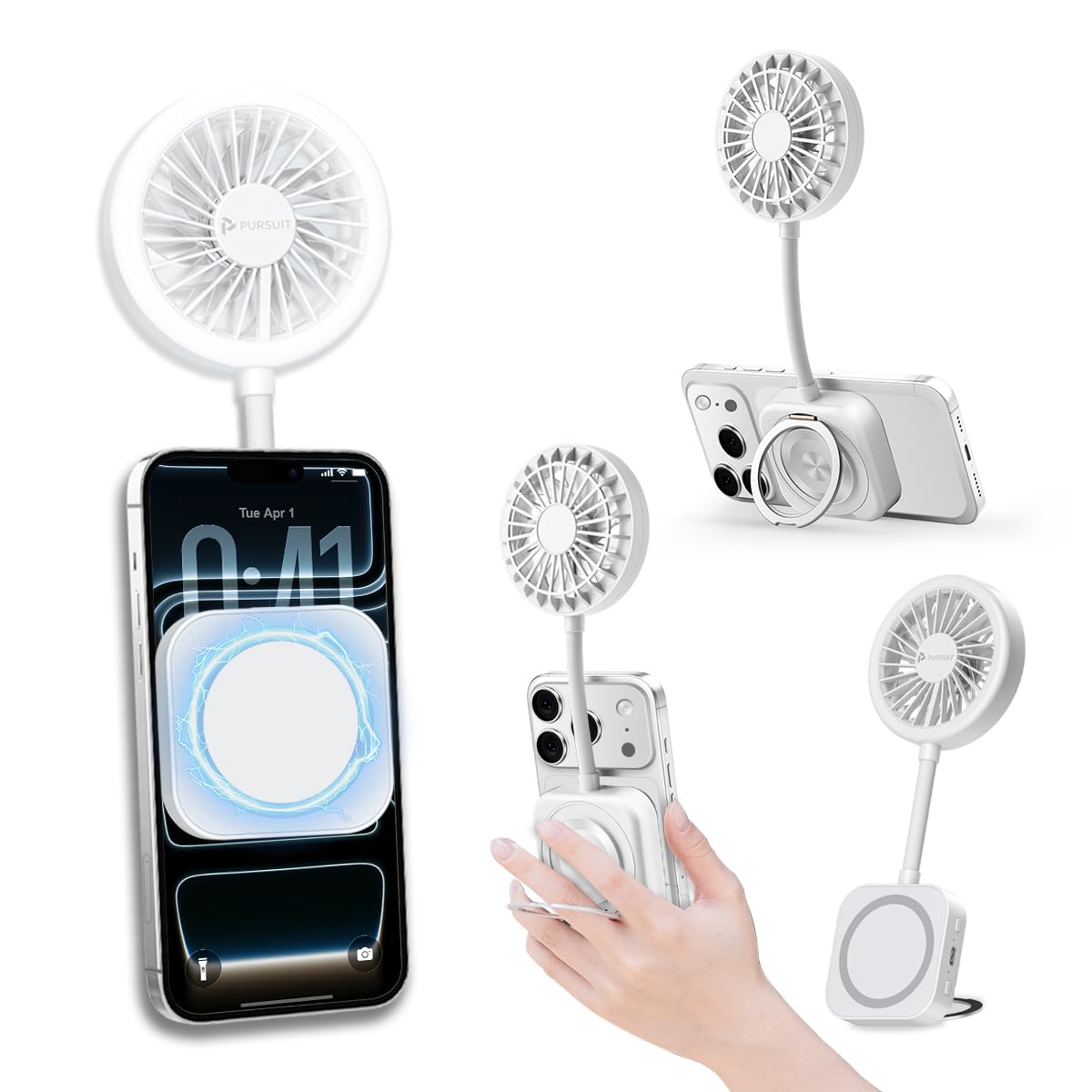 Pursuit Magnetic Phone Fan with Ring Light, Magsafe Compatible Phone Stand and Mini Fan for iPhone 17/16 Pro, 3-in-1 Portable LED Selfie Light Kit