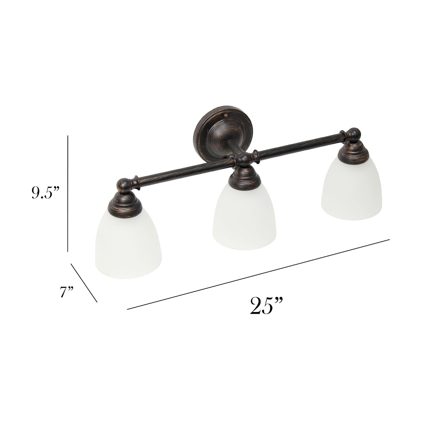 Simple Designs VT1025-ORB 25" Classic 3 Light Metal Bar and Frosted Cone Shape Glass Shades Decorative Wall Mounted Vanity, Oil Rubbed Bronze