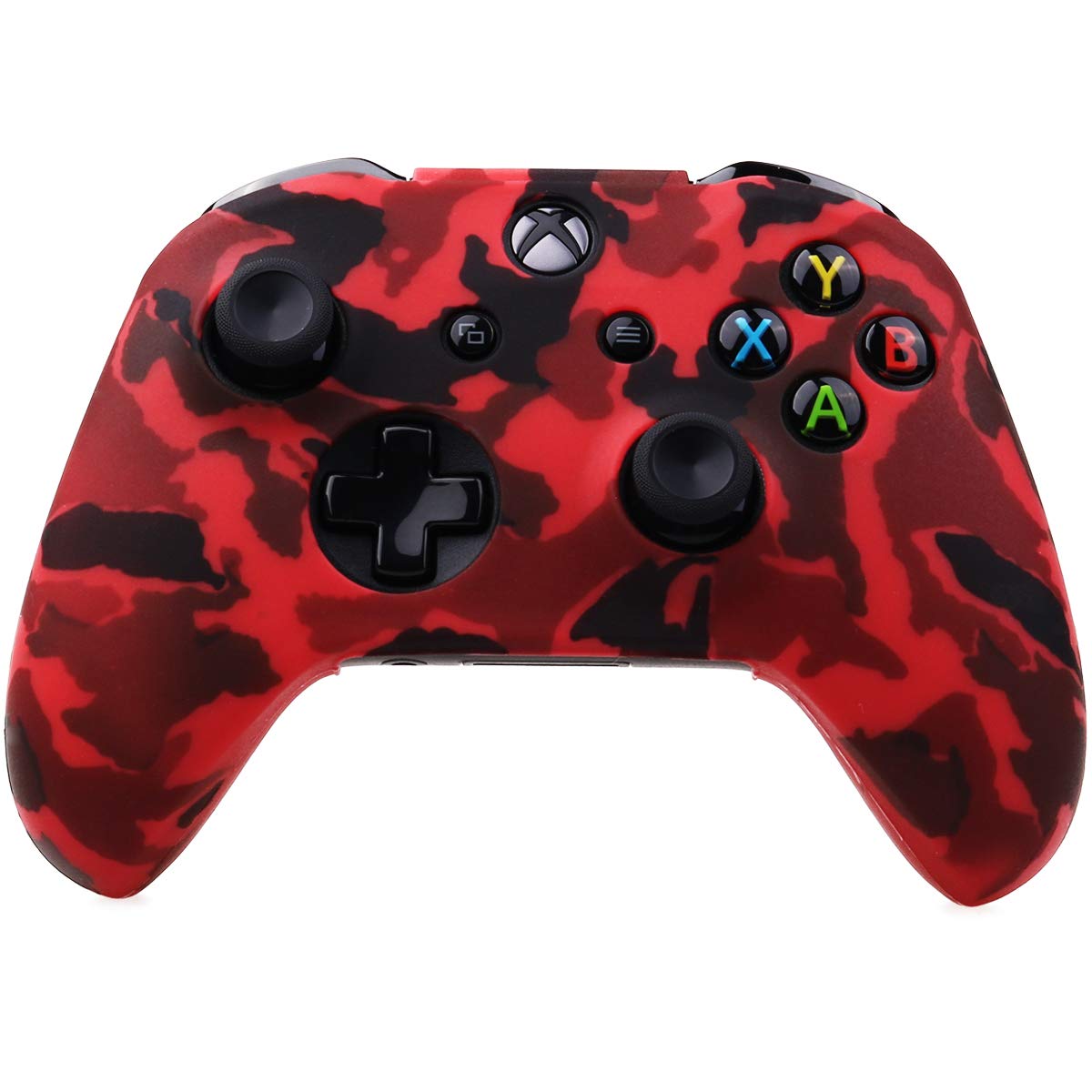 YoRHa Water Transfer Printing Camouflage Silicone Cover Skin Case for Microsoft Xbox One X & Xbox One S Controller x 2(red&Blue) with PRO Thumb Grips