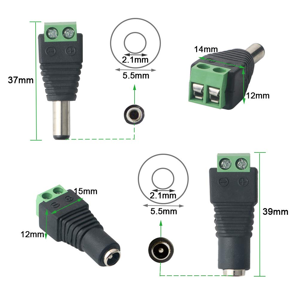 FULARR 24Pcs Professional 5.5 X 2.1mm DC Screw Terminal Plug Connector, Barrel 12V DC Power Jack Connector Adapter, 12 Pairs 2 Pin Male Plug & Female