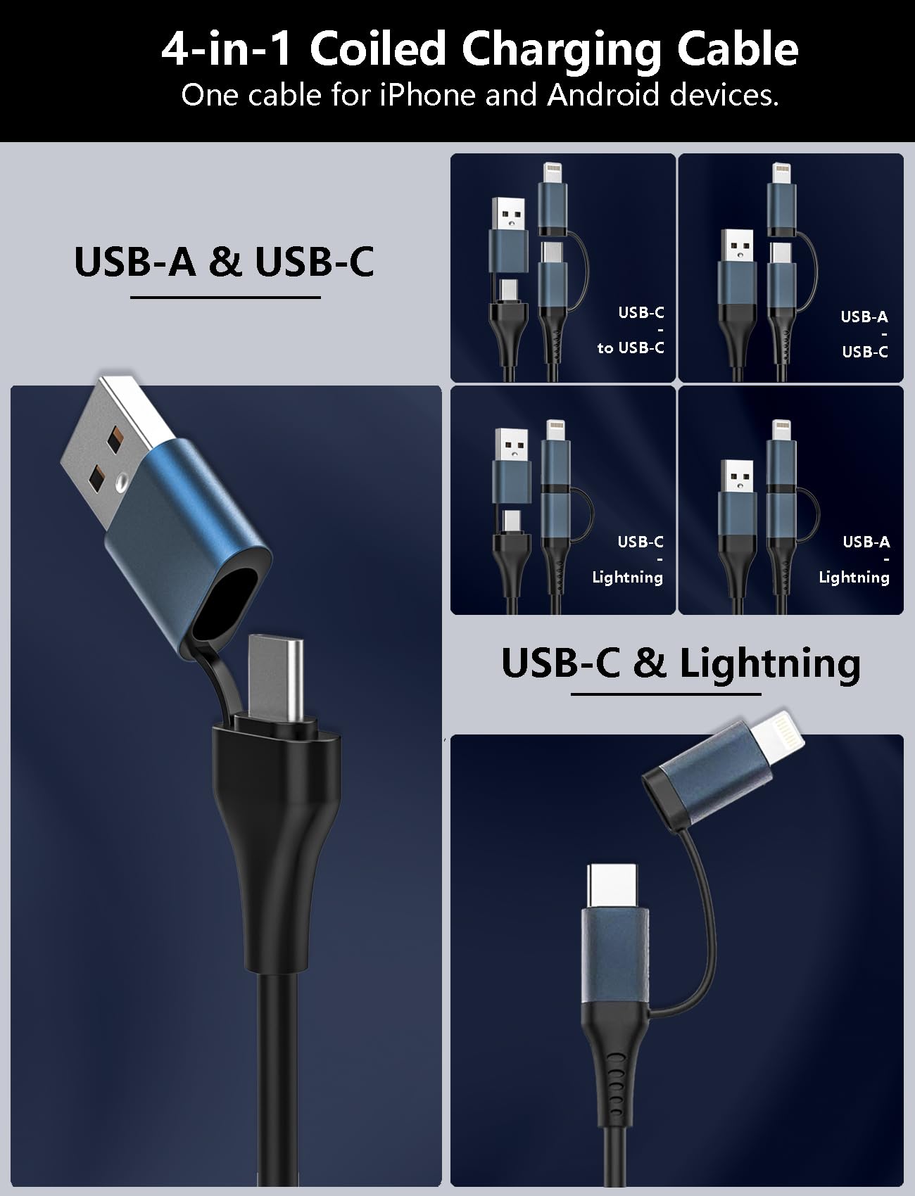 Coiled USB-C and Lightning Cable 2-in-1 with Dual Port (USB-C/USB-A) - 4ft Retractable Car Charger Cord for iPhone Android, Apple CarPlay & Auto…