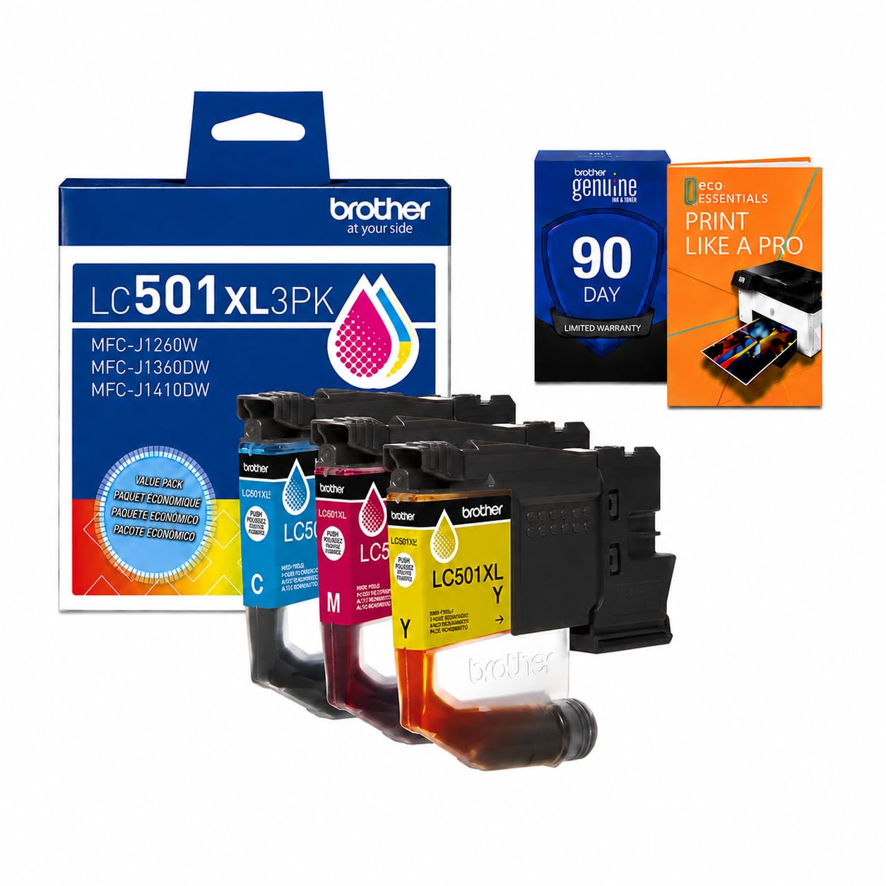 Brother Genuine LC501XL 3-Pack Color High Yield Ink Cartridges (Cyan, Magenta, Yellow) Bundle with Deco Essentials Printer eBook for MFC-J1260DW