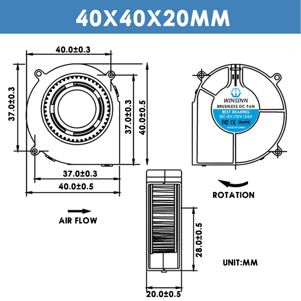 WINSINN 40mm Blower Fan 24V, 3D Printer Micro 24 Volt Fans Blower 4020 Dual Ball Bearing, 40mmx20mm 2PIN (Pack of 4Pcs)