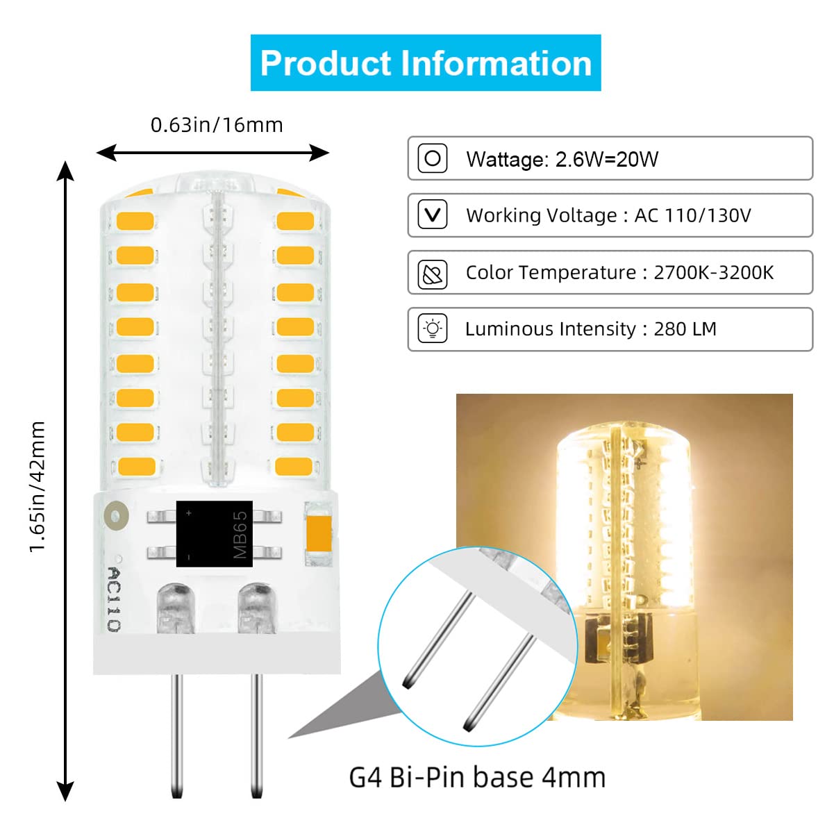 TZHILAN G4 LED Bulb Dimmable 110V 120V 2.6W 280 Lumens 64pcs Silicone Lamp Equivalent to 20W Halogen Bulb Replacement Warm White 2700K-3000K G4 Light