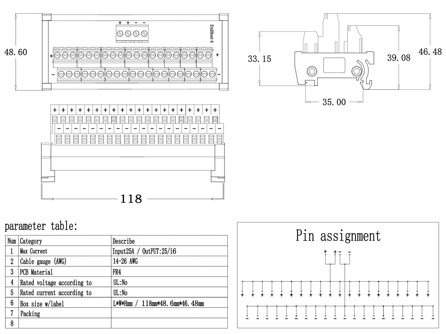 ANMBEST 2 in 20 Out Terminal Blocks Module, 25A DIN Rail and Panel Mounting Power Distribution Breakout Board for PLC Servo Power Amplifier