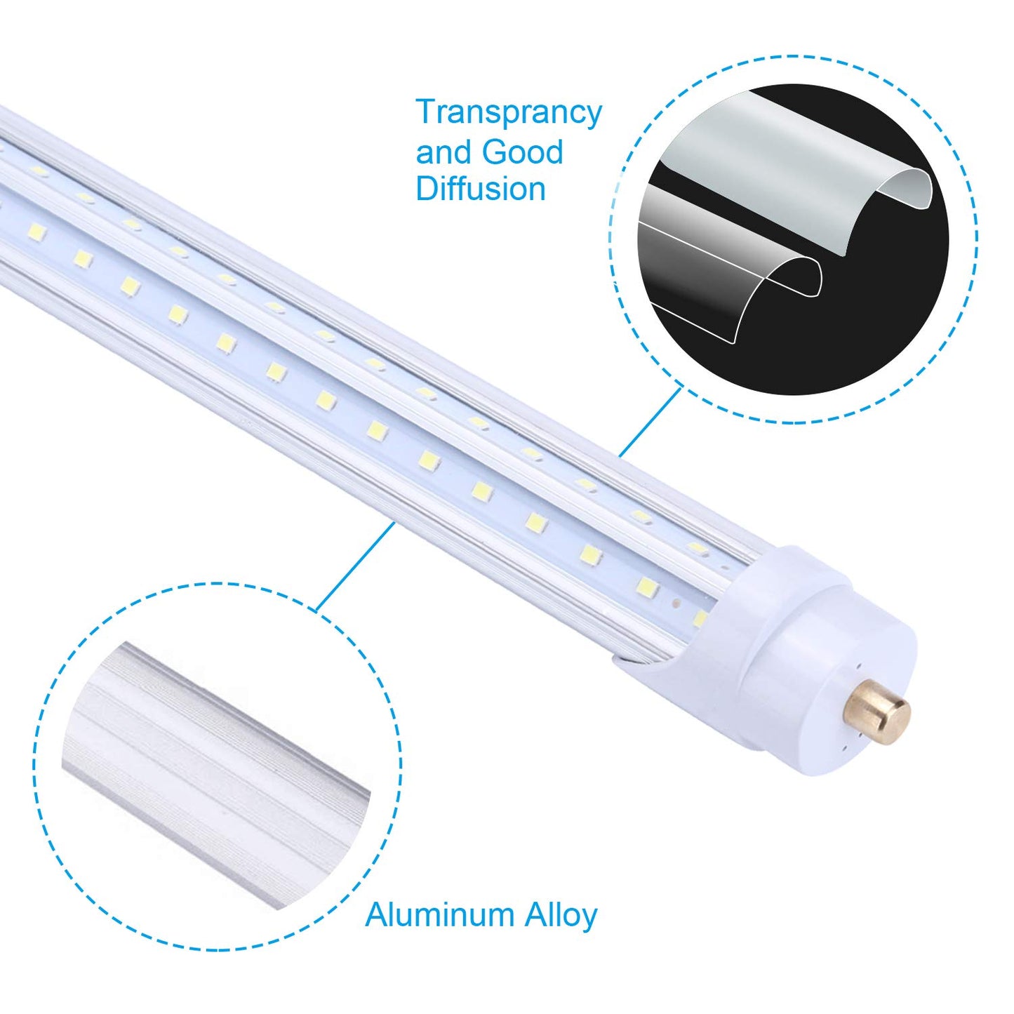 8 foot led tube light bulb,T8 Single Pin FA8 Base Double Side V Shape Chip 270 Degree Lighting,6000k Clear Cove(4-Pack)