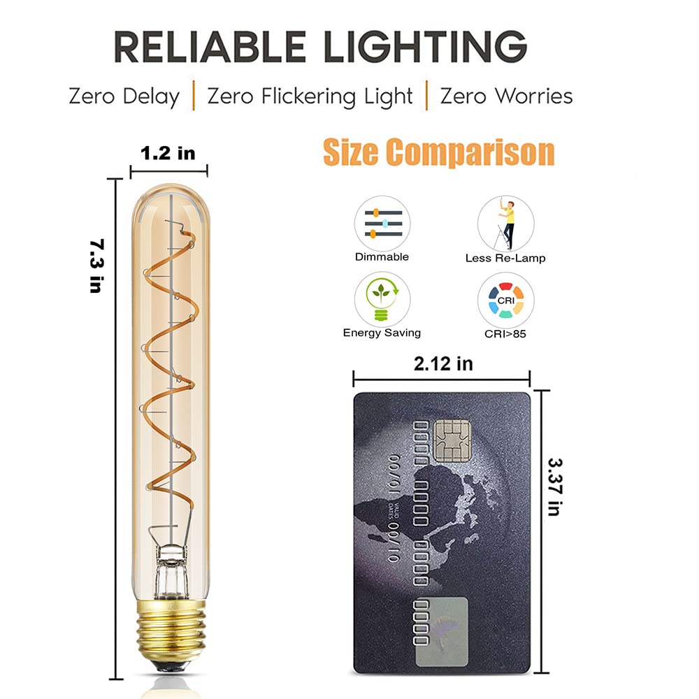 Leools Dimmable T10 LED Bulbs, Warm White 2200K Amber, 7.3inch Long Tubular Light Bulb, 40 Watt Vintage Edison LED Filament Bulb,400lm,E26 Base Led