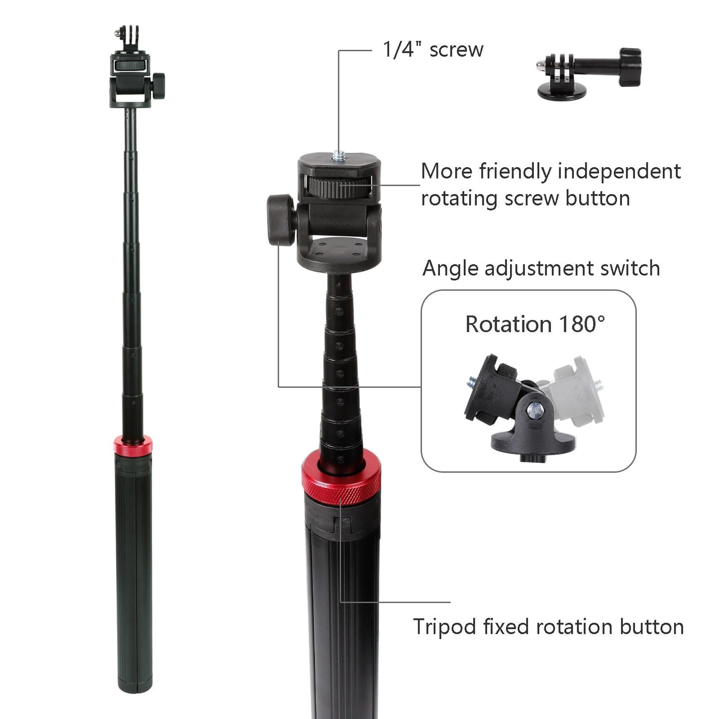 Osmo Action 6/5 pro 81" Extendable Selfie Stick & Tripod for Gopro Camera, Vlogging Video Recording, Compatible with GoPro Max Hero 14 13 12 11 10
