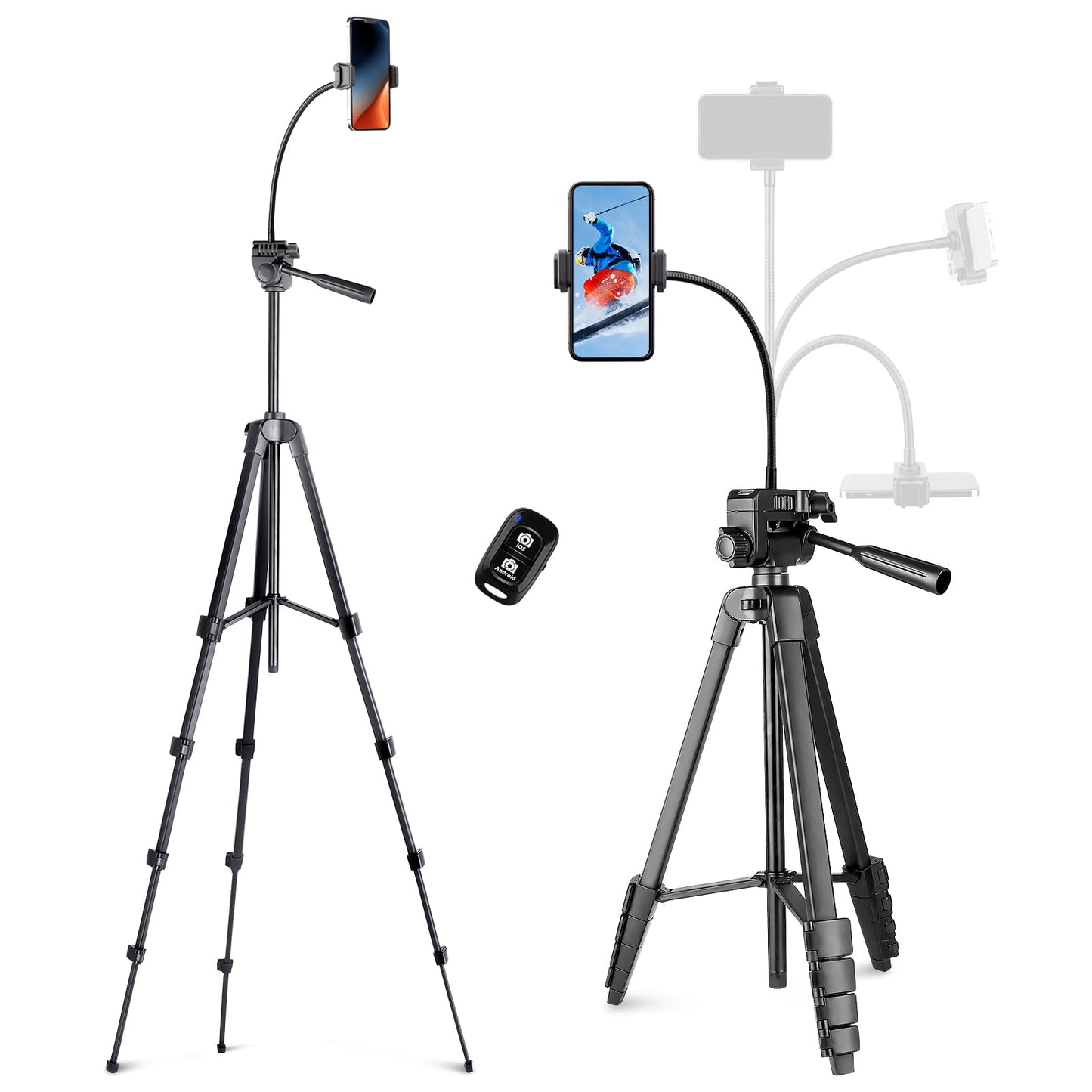 Aureday Phone Tripod, 82" Tripod for iPhone with Flexible Gooseneck, Wireless Remote and Phone Holder, Extendable Cell Phone&Camera Tripod Stand