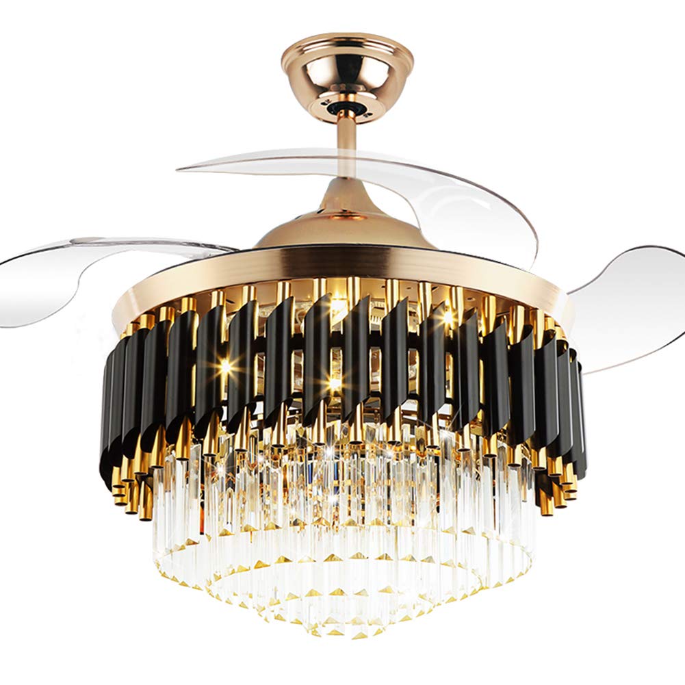 Fandian 42" Crystal Ceiling Fan with Light Remote Control Chandelier Retractable Fandelier, Luxury 3 Color Lighting for Dining Room, Living Room