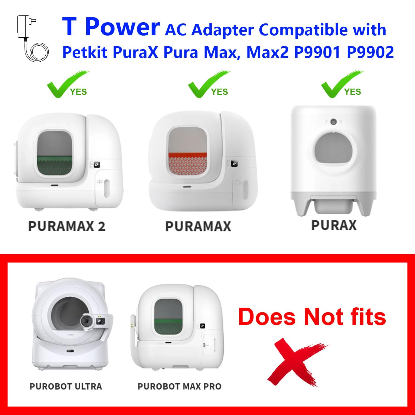 T Power 12V Charger for Petkit PuraX Pura X Pura Max P9901 P9902 Self Cleaning Cat Litter Box TEKA-TD120200XX AK-P6111121 2AEDG-P530…