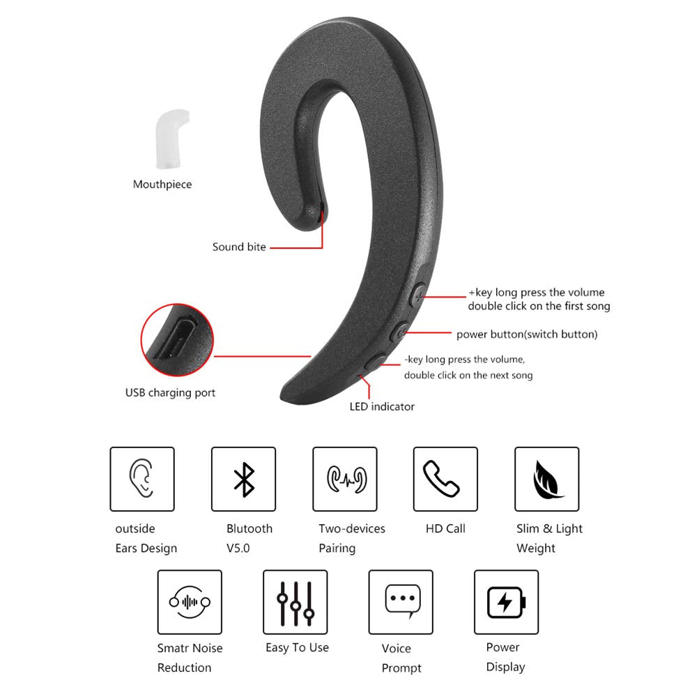 3C Light Ear Hook Wireless Bluetooth Headphone,Painless Wearing Single Ear Bluetooth Earpieces with Mic,Lightweight Non Bone Conduction Headsets