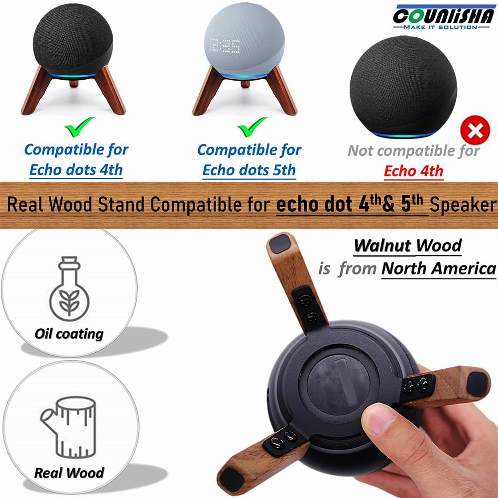 Real Wood Stand for Echo Dot (5th Gen)(4th Gen),Tripod Accessories Protect Speaker for Better Sound,Secure Stable Wooden Mount Holder for Echo Dots