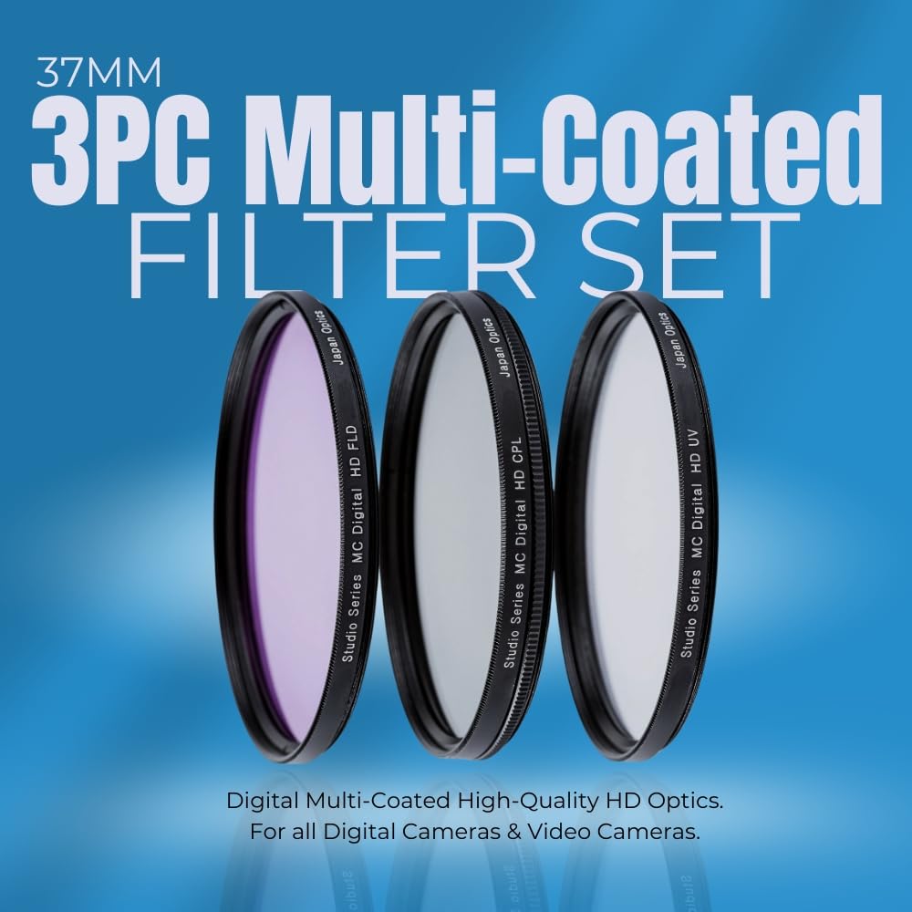 37mm High Resolution Multi Coated Pure Glass 3 Piece Filter Kit (UV, CPL, FL) for Canon, Nikon, Panasonic, Sony, Samsung, Fujifilm, Pentax, Olympus