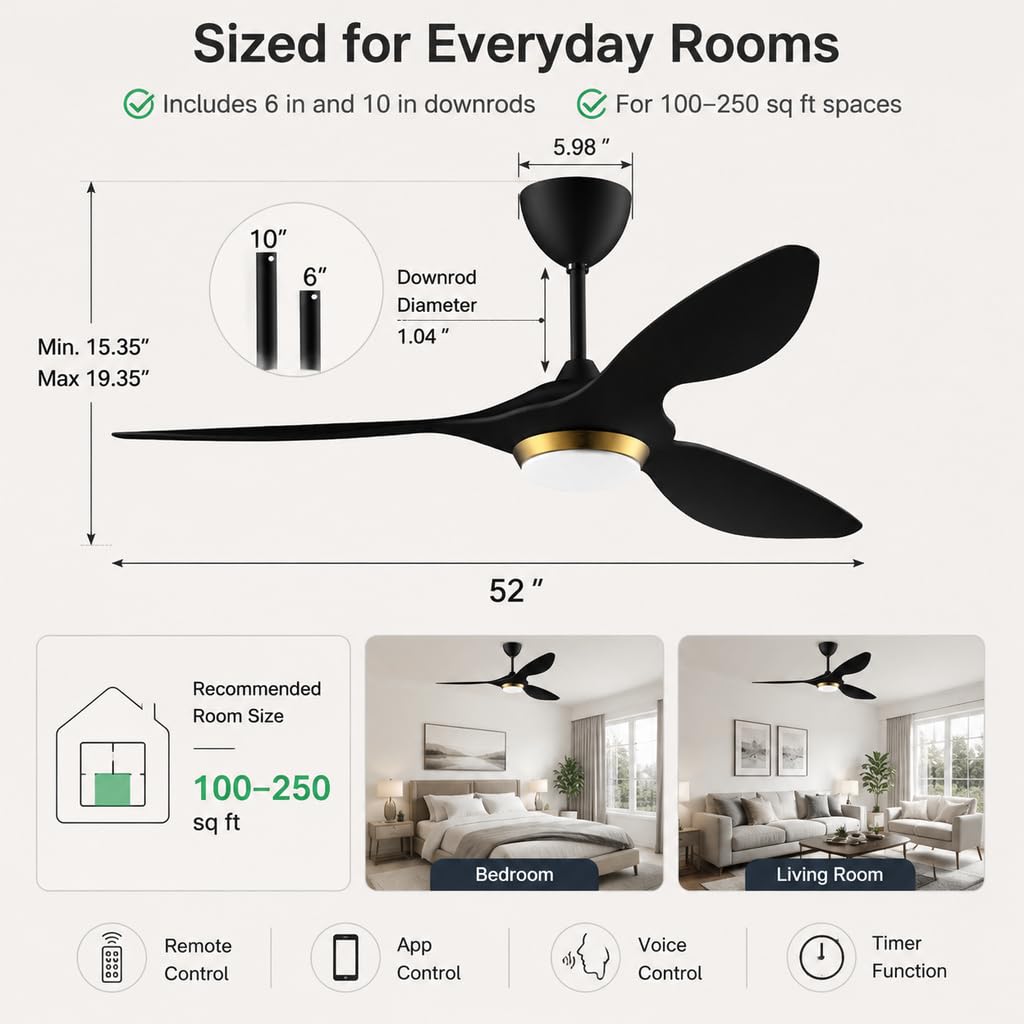 reiga 52" Black Smart Ceiling Fan with Light, Quiet DC Indoor Fan
