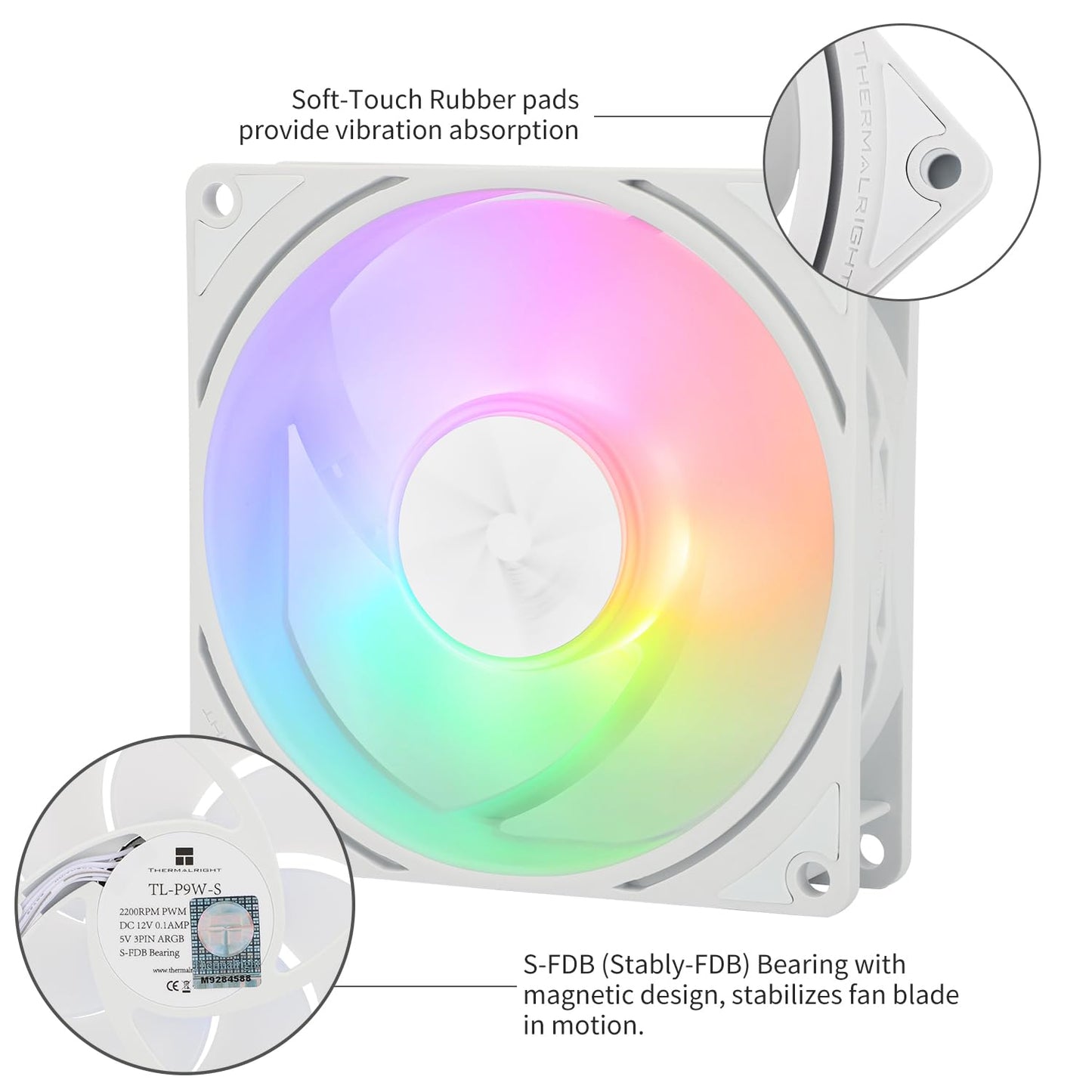 Thermalright TL-P9W-S CPU Fan, Computer Case ARGB Fan Quiet 4PIN PWM PC Cooling, High Performance 92mm Silent Cooler, 2200RPM Speed, CPU Cooling
