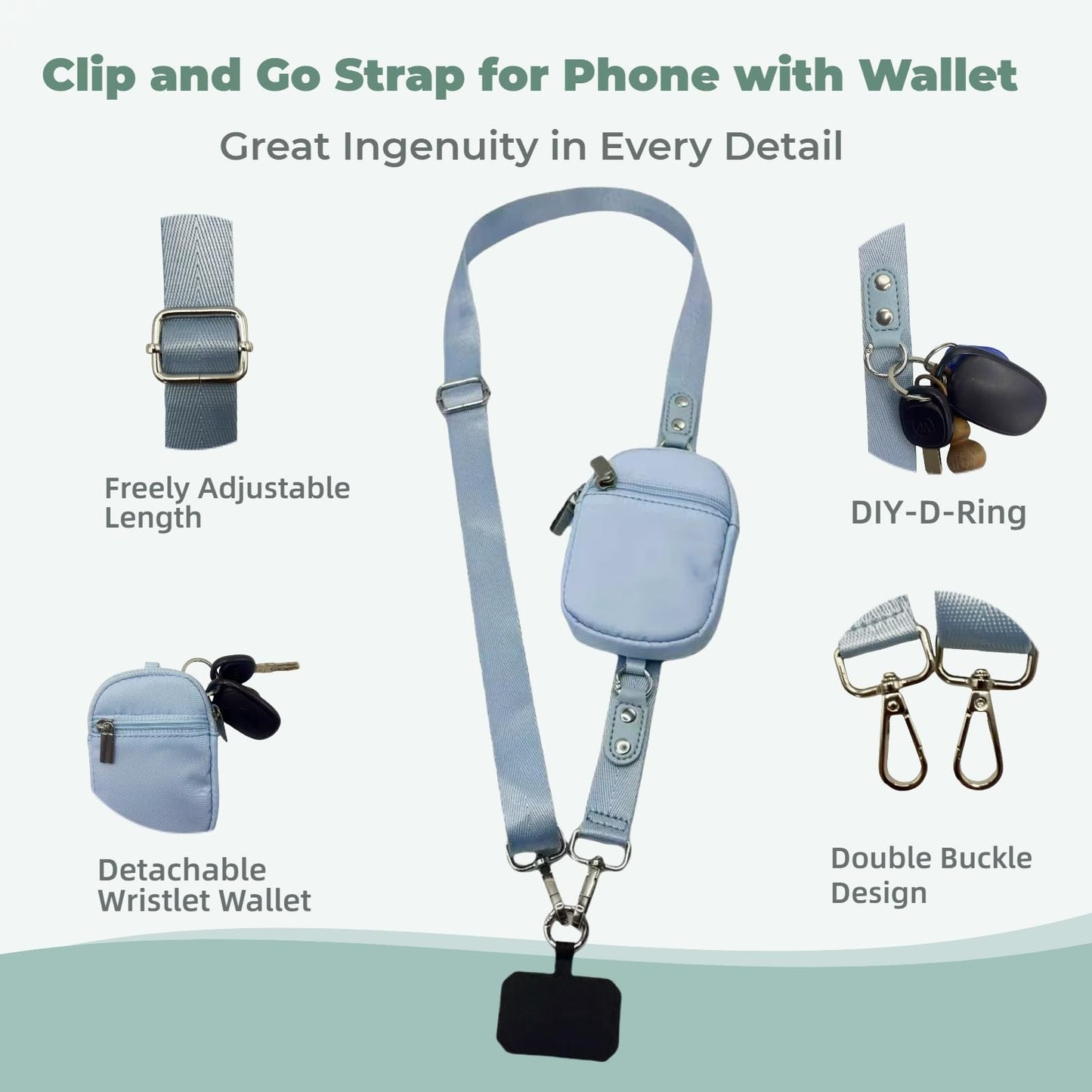 Ceasyde Clip and Go Strap for Phone with Wallet - Adjustable and Detachable Phone Lanyard Crossbody, Wrist Wallet for Home Travel (Blue)
