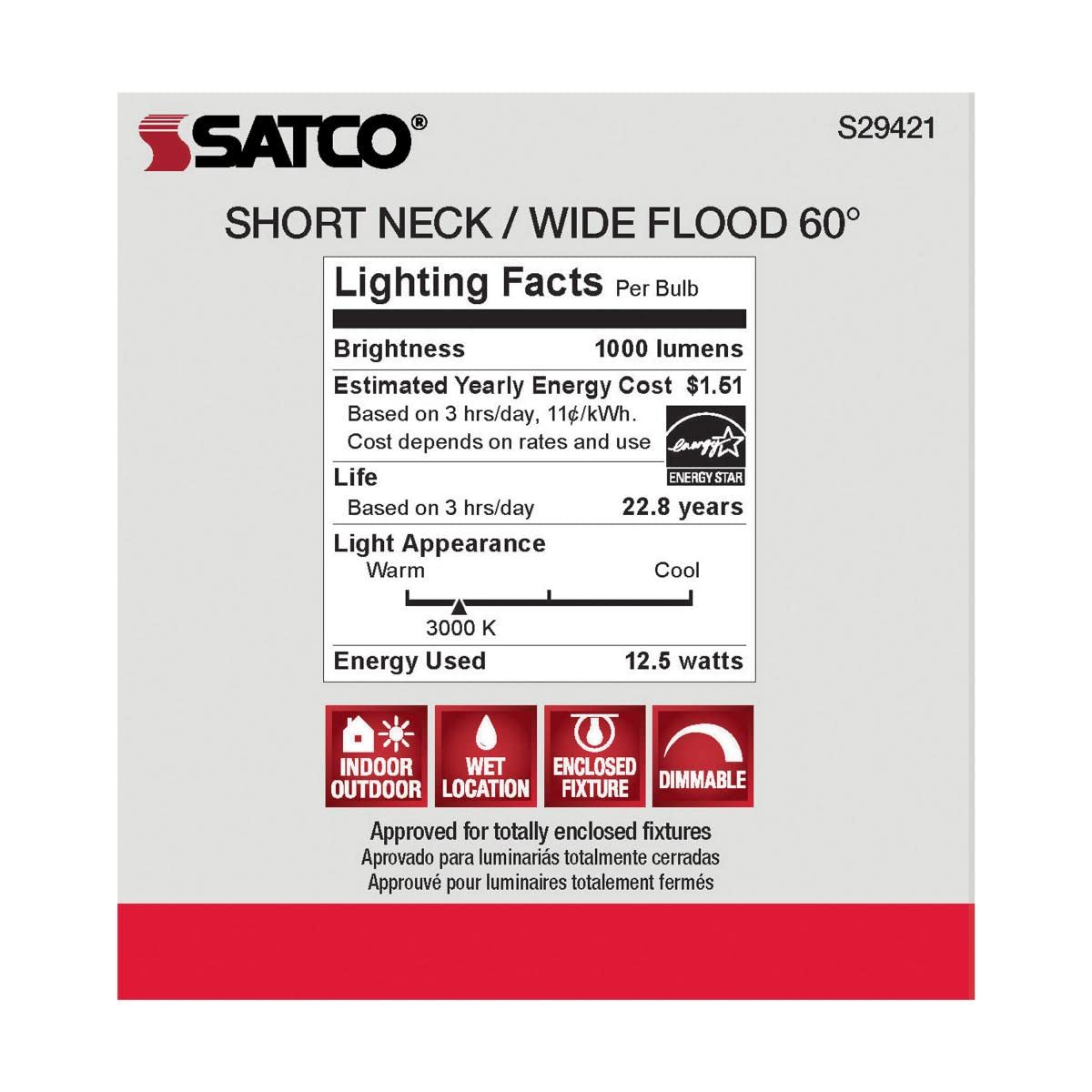 Satco S29421 6-Pack 13PAR30/SN/LED/60'/3000K/120V/D 13W PAR30 Short Neck Indoor/Outdoor Dimmable LED 60° Flood lamp (3000K)