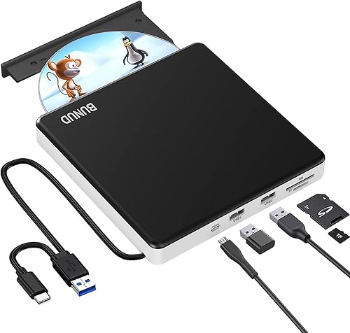 BUNUD External DVD Burner USB-C: Portable DVD External Drive for Apple Superdrive with 2 USB and TF/SD Slots - Plug & Play CD Drive External for Mac