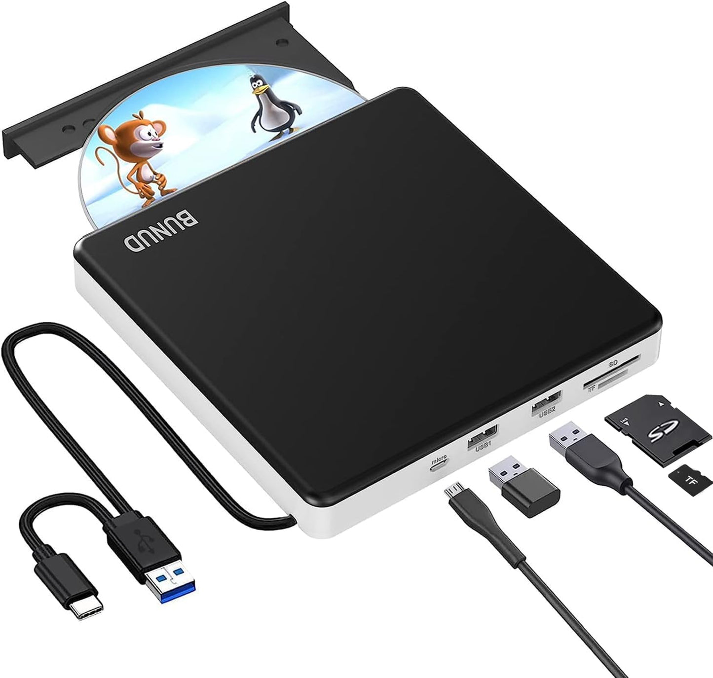BUNUD External DVD Burner USB-C: Portable DVD External Drive for Apple Superdrive with 2 USB and TF/SD Slots - Plug & Play CD Drive External for Mac