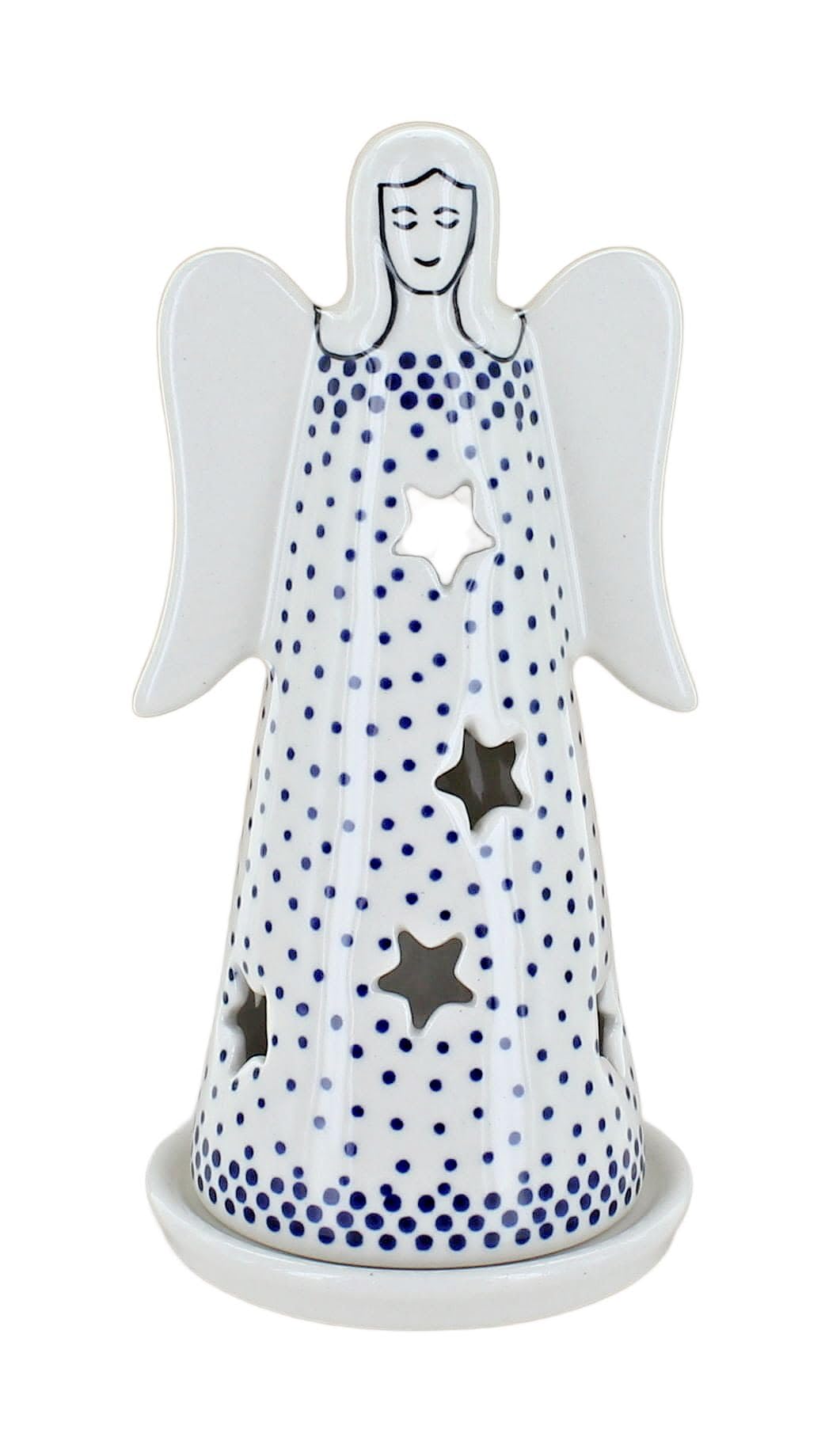 Blue Rose Polish Pottery - Blue Small Dots Small Angel Luminary - 6.25" Tall - Hand-Painted Polish Pottery Holiday Candle Holder, Unique Christmas