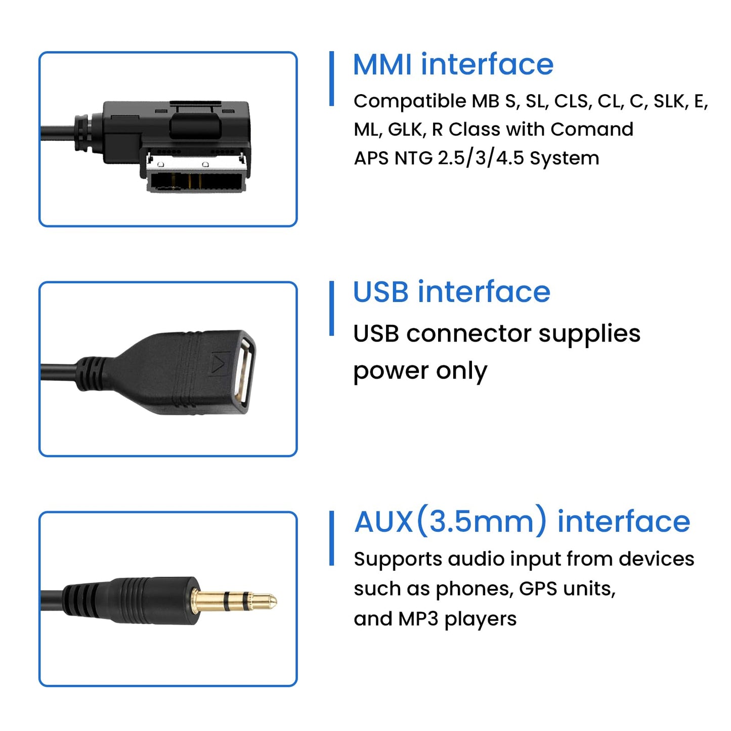 MENURSY MDI MMI AUX USB Charging Adapter Cable with 3.5mm Music Interface Compatible MB S, SL, CLS, CL, C, SLK, E, ML, GLK, R Class with Comand APS