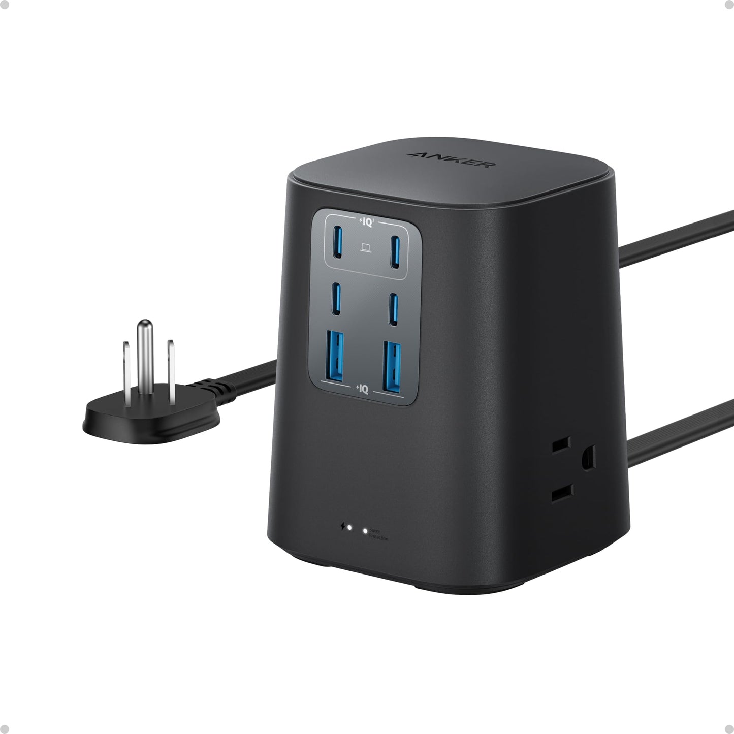 Anker Desktop Charger, 9-in-1 Power Strip with 300J Surge Protector, 5ft Flat Plug Extension Cord with Multiple Devices, 100W USB C Charger with 3 AC
