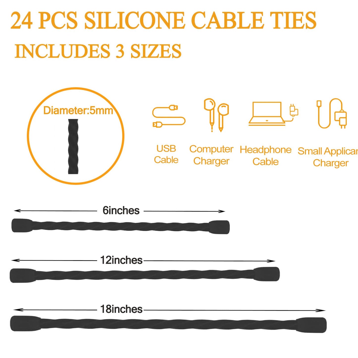 Generic 24PCS Black Silicone Cable Ties- Reusable Rubber Twist Ties Bendable Cable Ties for Bundling and Holding, All Purpose Cord Tie for Indoor