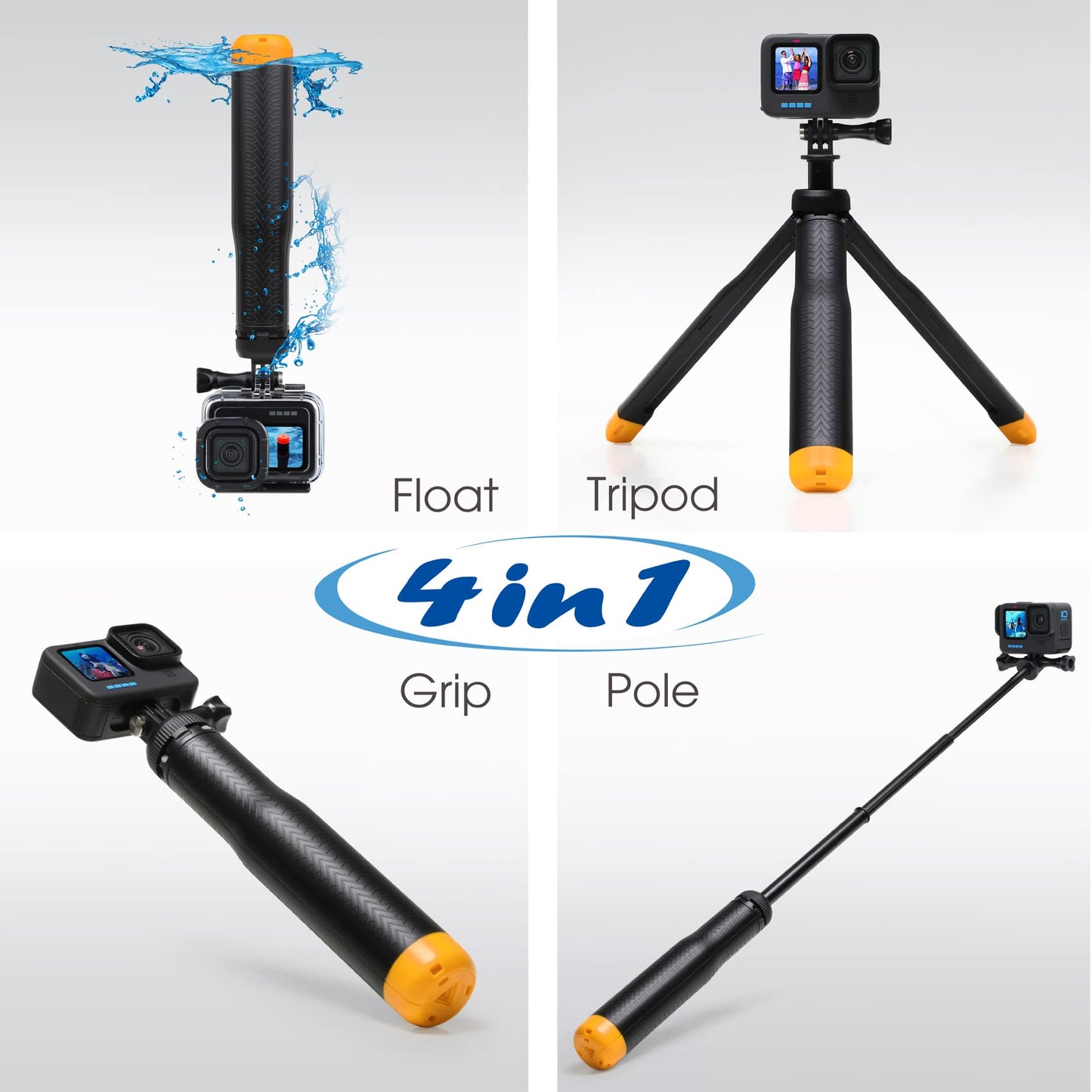 SOONSUN 4in1 Floating Selfie Stick Hand Grip Tripod for GoPro Hero 13 12 11 10 9 8 7 6 5 4 Session Max, AKASO, SJCAM Action Camera, Waterproof