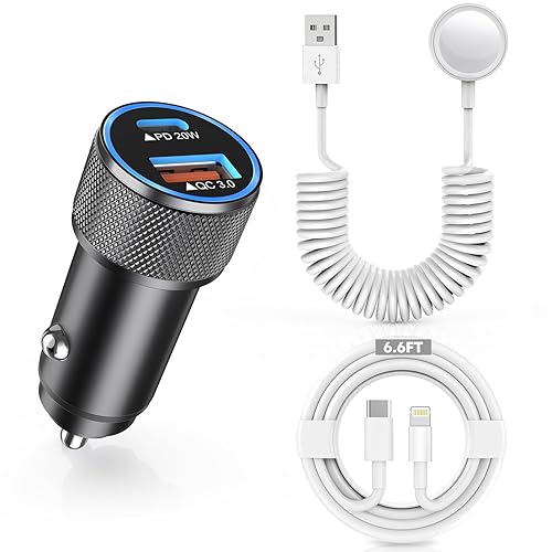 38W Car Charger for Apple Watch,Fast USB C Car Charger PD&QC3.0 Dual Port Charging Adapter,6 Foot USB-C to Lightning Cable with iWatch Cord Fast