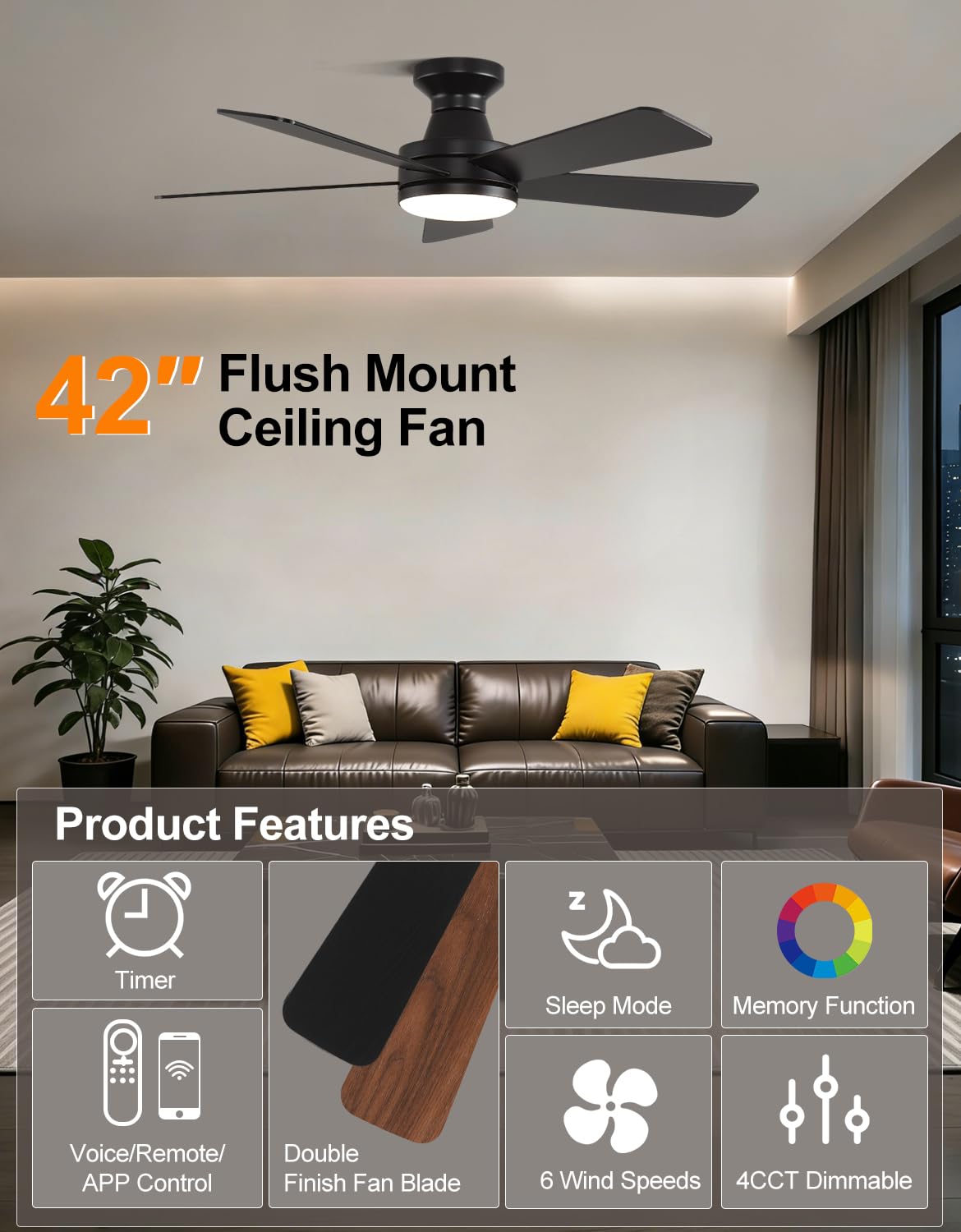 Homlit 42 inch RGB Ceiling Fan with Light, Voice & App & Remote Control Low Profile Flush Mount Ceiling Fan,6 Speeds Silent Motor, 4-Color Temperature