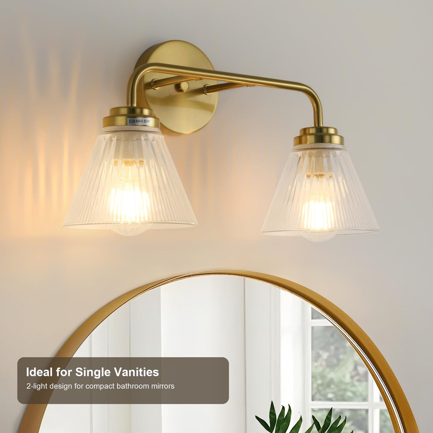 Prosaiet Bathroom Vanity Light, Brushed Gold 2-Light Bathroom Light Fixtures Over Mirror, Clear Ribbed Glass Shades, E26 Wall Sconce Lighting