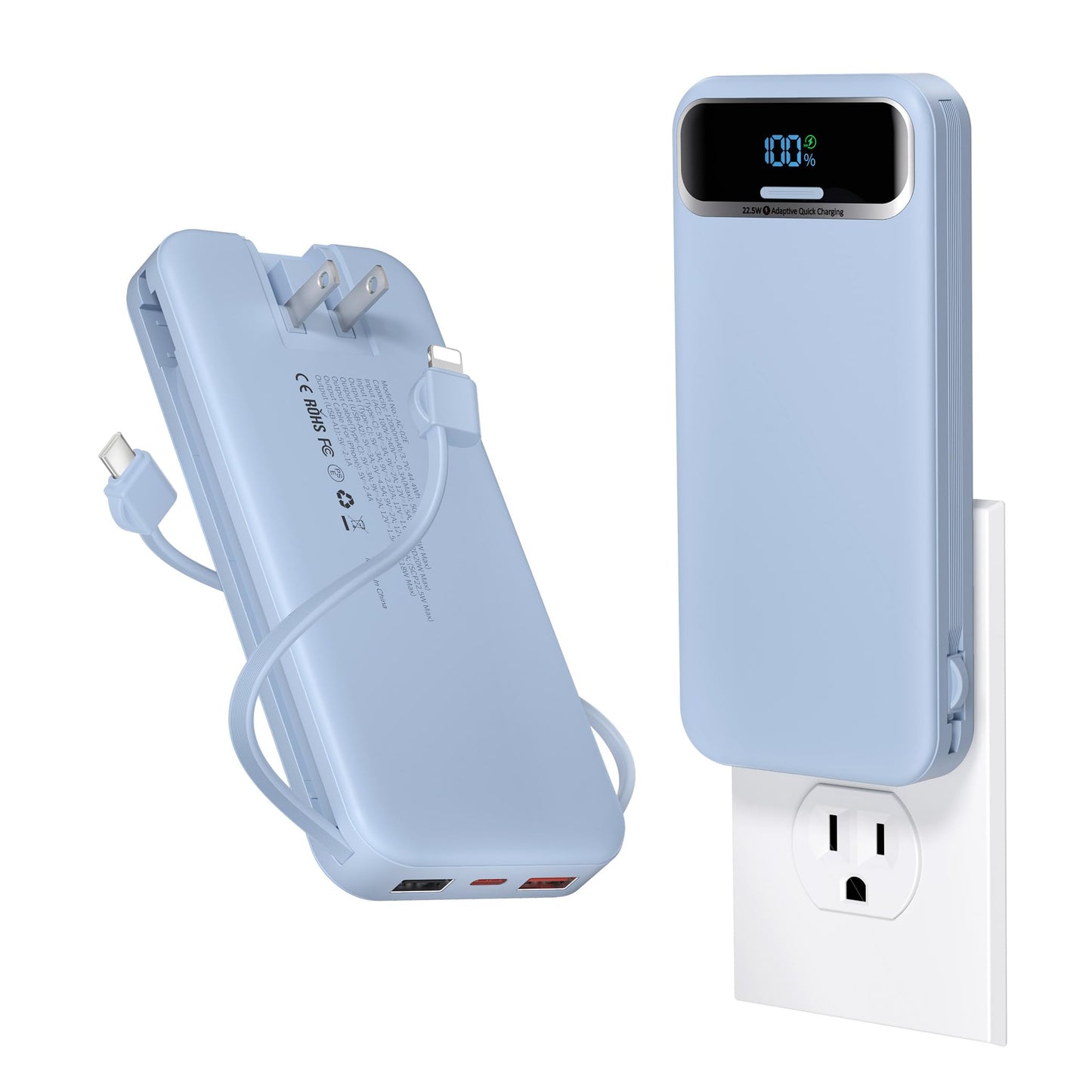 12000mAh Lightweight-Portable-Charger-Power-Bank with Built-in Cables and AC Wall Plug, PD20W USB-C Fast Charging Battery Pack, LED Display External