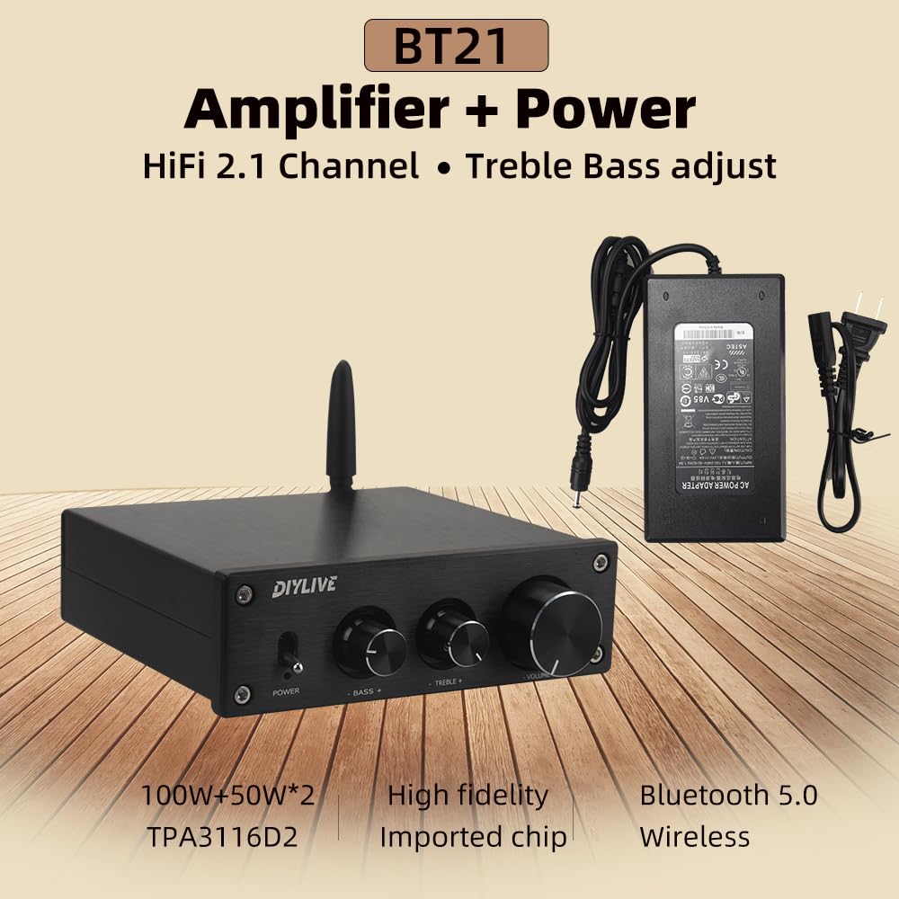 HIFIDIY LIVE BT21 TPA3116D2 Bluetooth 5.0 2.1 Channel Subwoofer Power Amplifier Board 50W×2+100W REBLE Bass Note Tuning AMP DC12V-24V (Amplifier BT21