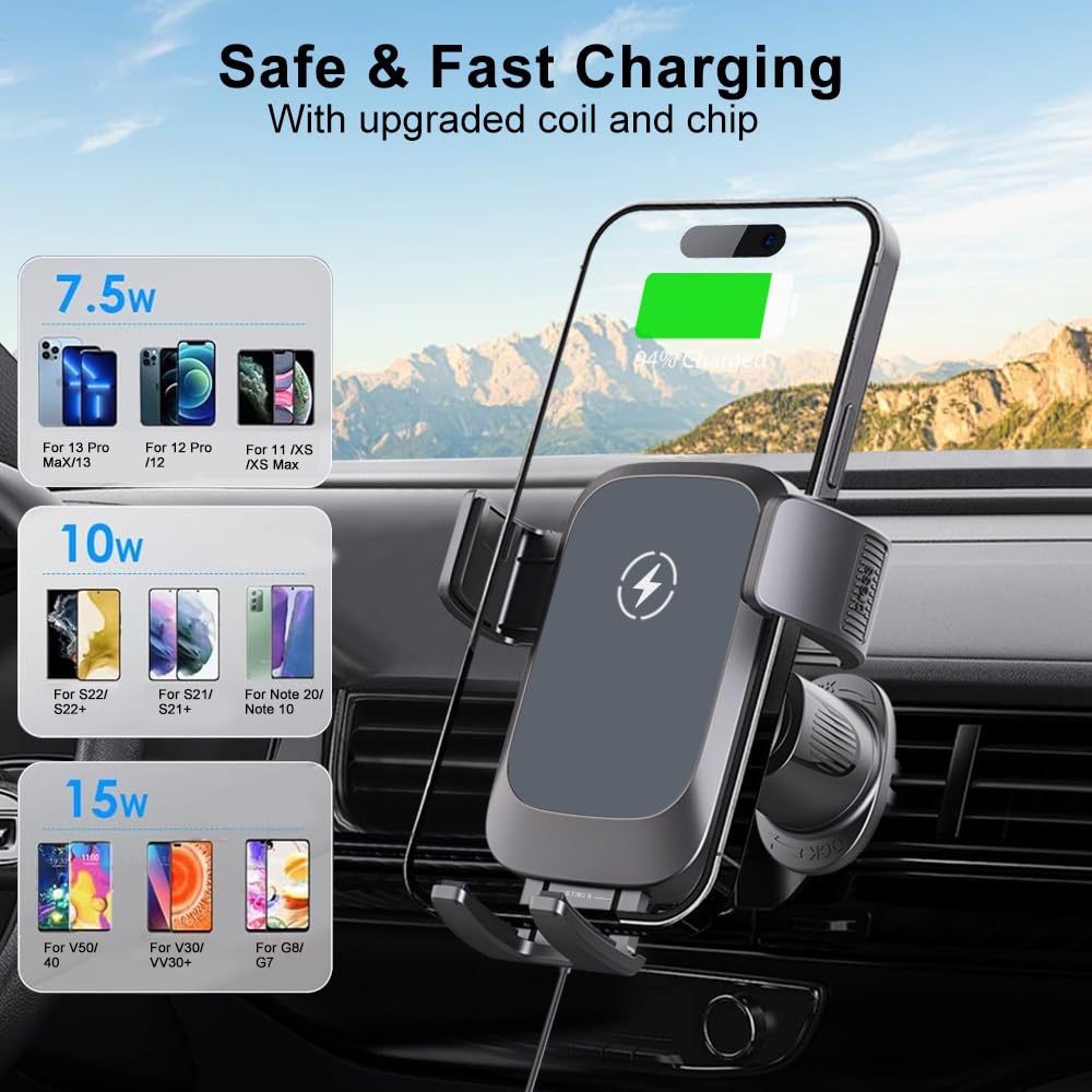 Wireless Car Charger, Auto-Clamping Air Vent Mount Car Phone Holder - 15W/10W/7.5W Fast Charging Compatible with iPhone 17/16/15/14/13/13 Pro/12 Pro