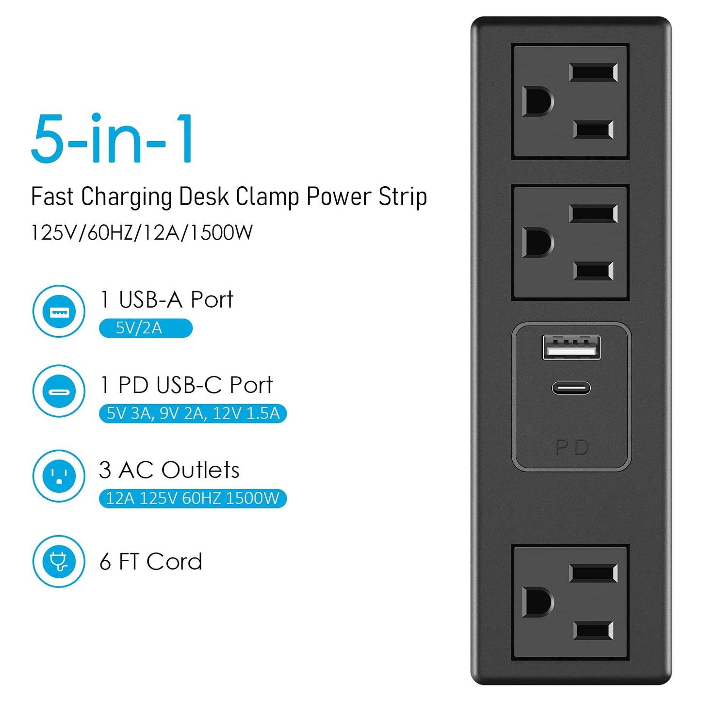 CCCEI Desk Clamp Power Strip with PD 3.0 Fast Charging USB C Port, on Desktop Mount Widely Spaced Outlet 10 FT Flat Plug, Fit 1.6 inch Tabletop Edge