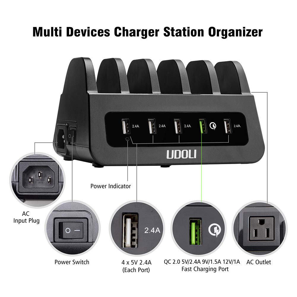 UDOLI 5 USB Ports Charging Station Organizer for Multiple Devices Fast Charging Desktop Stand for Apple Android Phone Tablet 1600W 2 AC Power Outlets