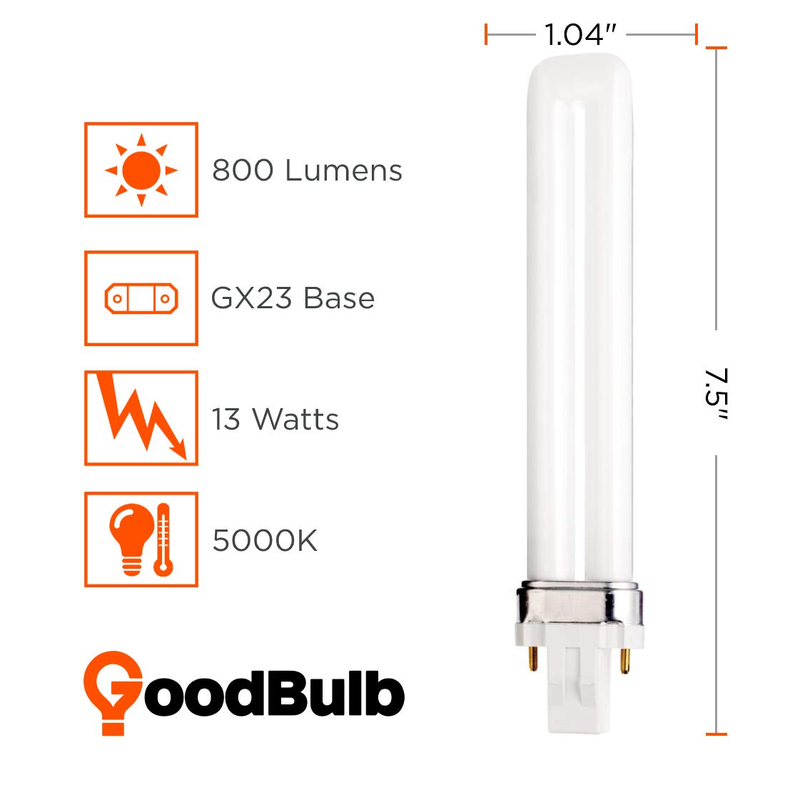 GoodBulb 13 Watt CFL Light Bulbs, 2 Pin GX23 Base 5000K Daylight, 13W High Output 800 Lumens, Single Tube Compact Fluorescent Light Bulbs Plug-in, Car