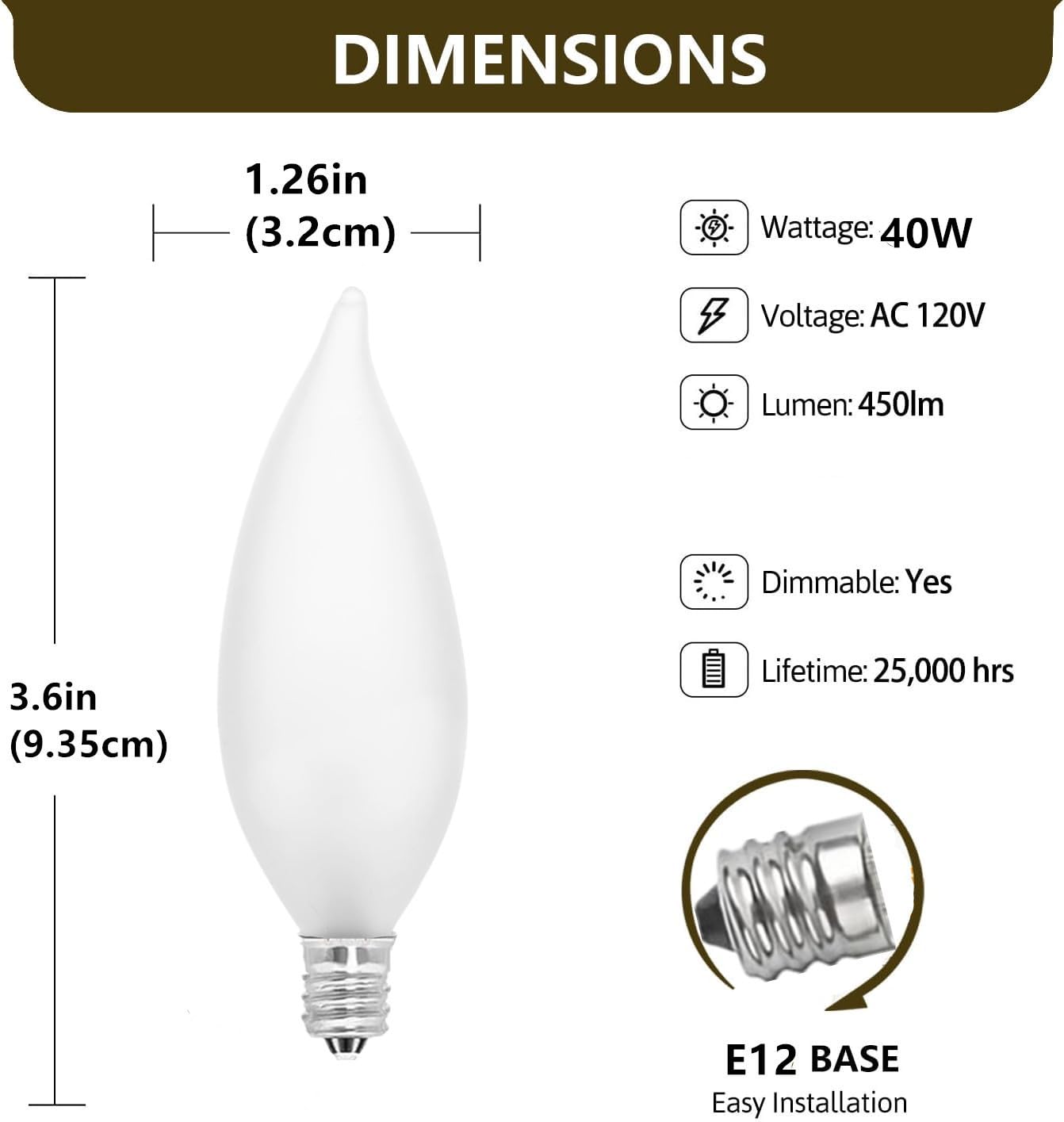 MMBGJKG Frosted Flame Tip Chandelier Light Bulb?e12 Candelabra Bulb 40 watt, 40W E12 Candelabra Base,Candle Light Bulbs for Chandeliers, Ceiling Fan