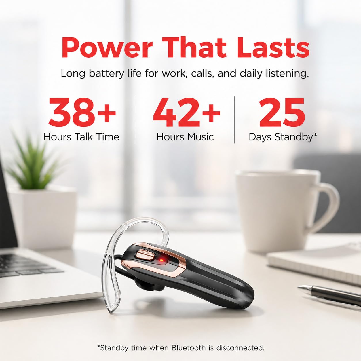 Bluetooth Earpiece Headset V6.0 with Noise Cancelling & 38 Hours Talk Time - Trucker Handsfree Earpiece, Dual Device Pairing, Single Ear Wireless