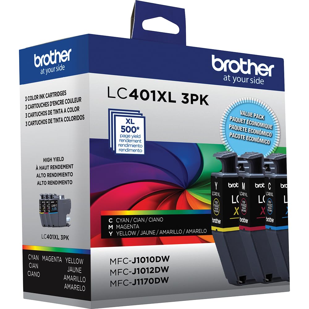 Brother Genuine LC401XL 3-Pack Color High Yield Ink Cartridge (Cyan, Magenta, Yellow) Bundle with Deco Essentials Printer eBook for MFC-J1010DW