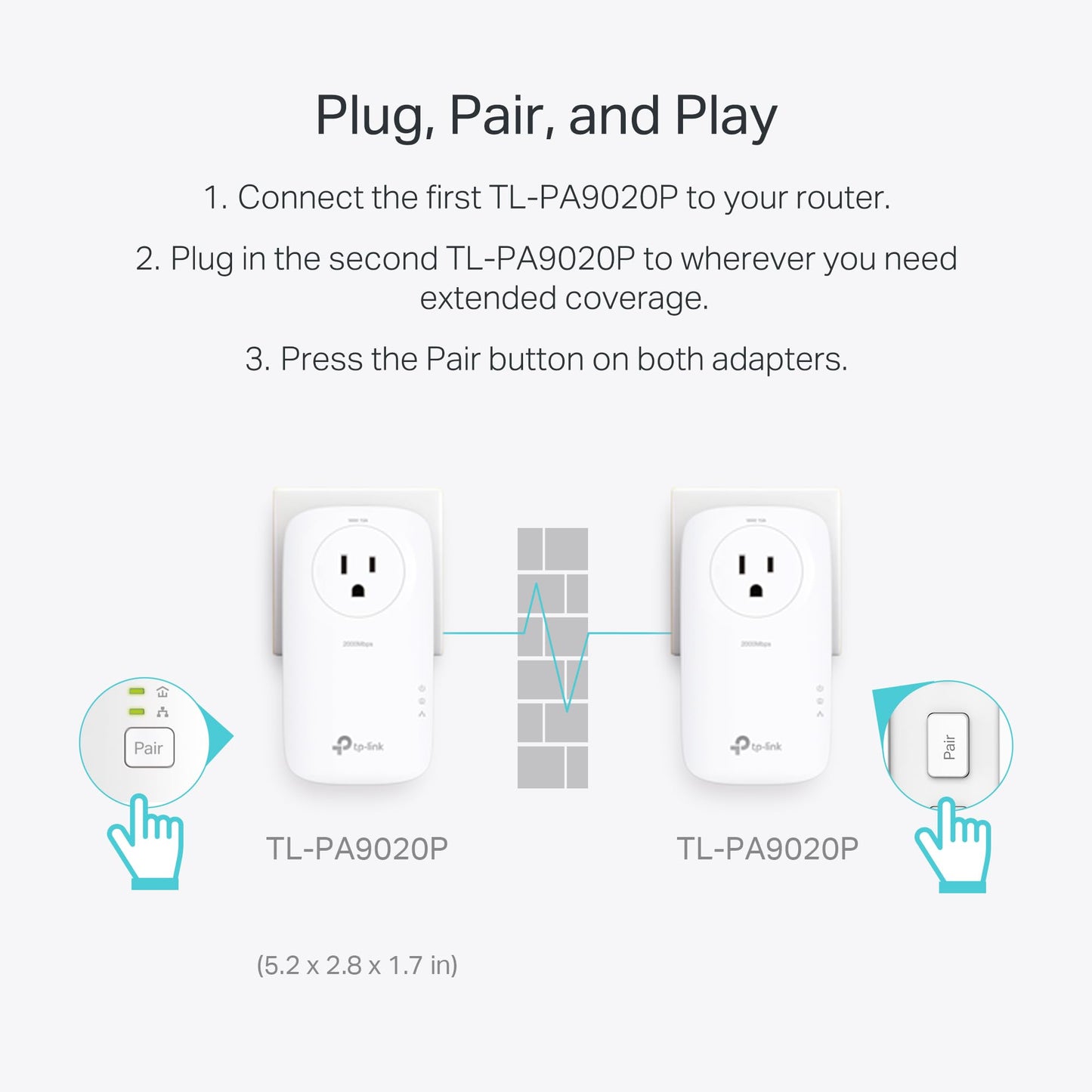 TP-Link AV2000 Powerline Ethernet Adapter, Passthrough, 2 Gigabit Ports