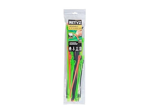 RETYZ Releasable Cable Ties Combo Pack, 45 Pack, 50 lb (8-Inch & 12-Inch) & 120 lb (14-Inch) Tensile Strength, Multi-Color (Black, Fluorescent Orange