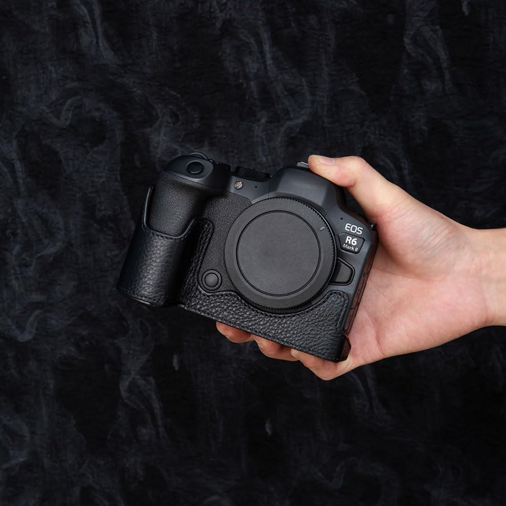 DBZZ R6II Vintage Genuine Leather Camera Case for Canon EOS R6 Mark II Handmade Half-Wrap Camera Protector Cover (Black)