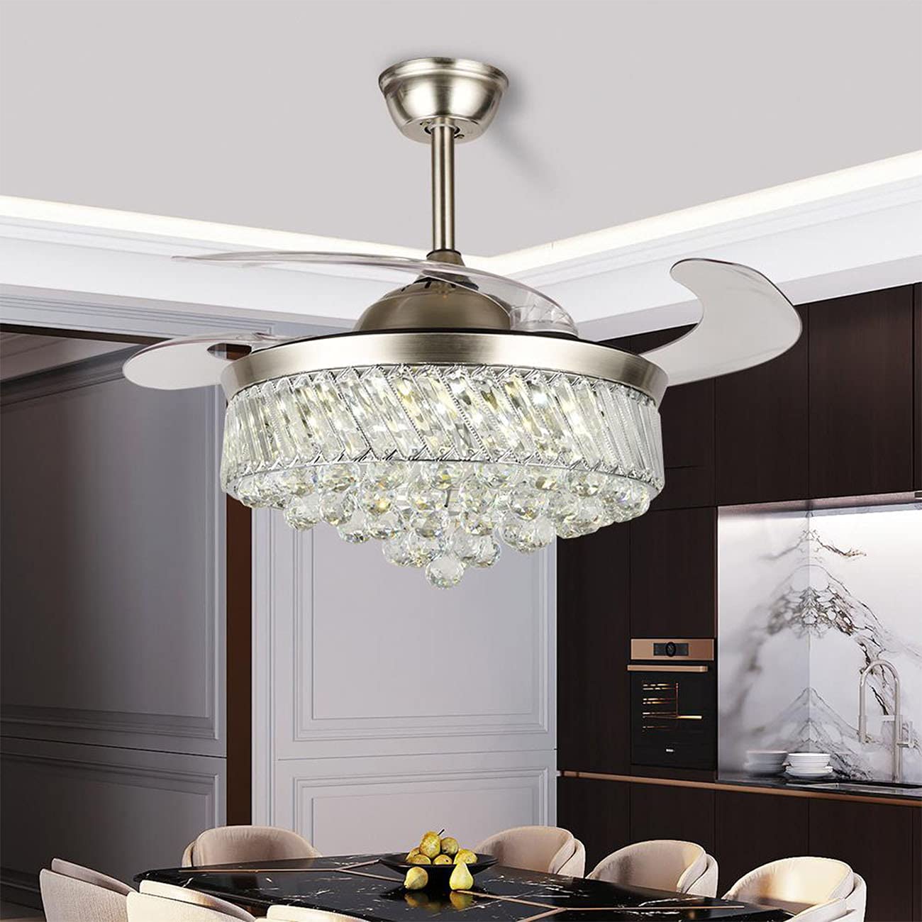 42" Fandelier Crystal Ceiling Fan Lights with Remote, Modern Invisible Hidden Retractable Ceiling Fans with Lights 3-Color Dimming Chandelier Lighting