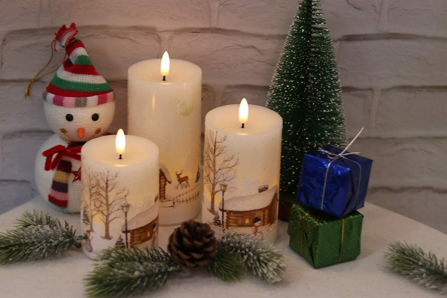 GenSwin Christmas Snowman Battery Operated Candles Flameless Flickering with Remote Timer, 3D Wick Real Wax Led Pillar Candles Warm Light, Christmas